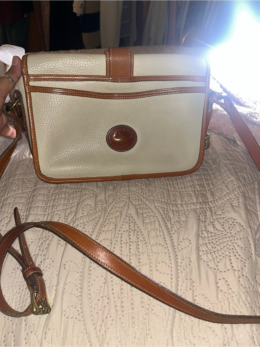 Dooney & Bourke Cream and Brown Pebbled Leather Crossbody Purse